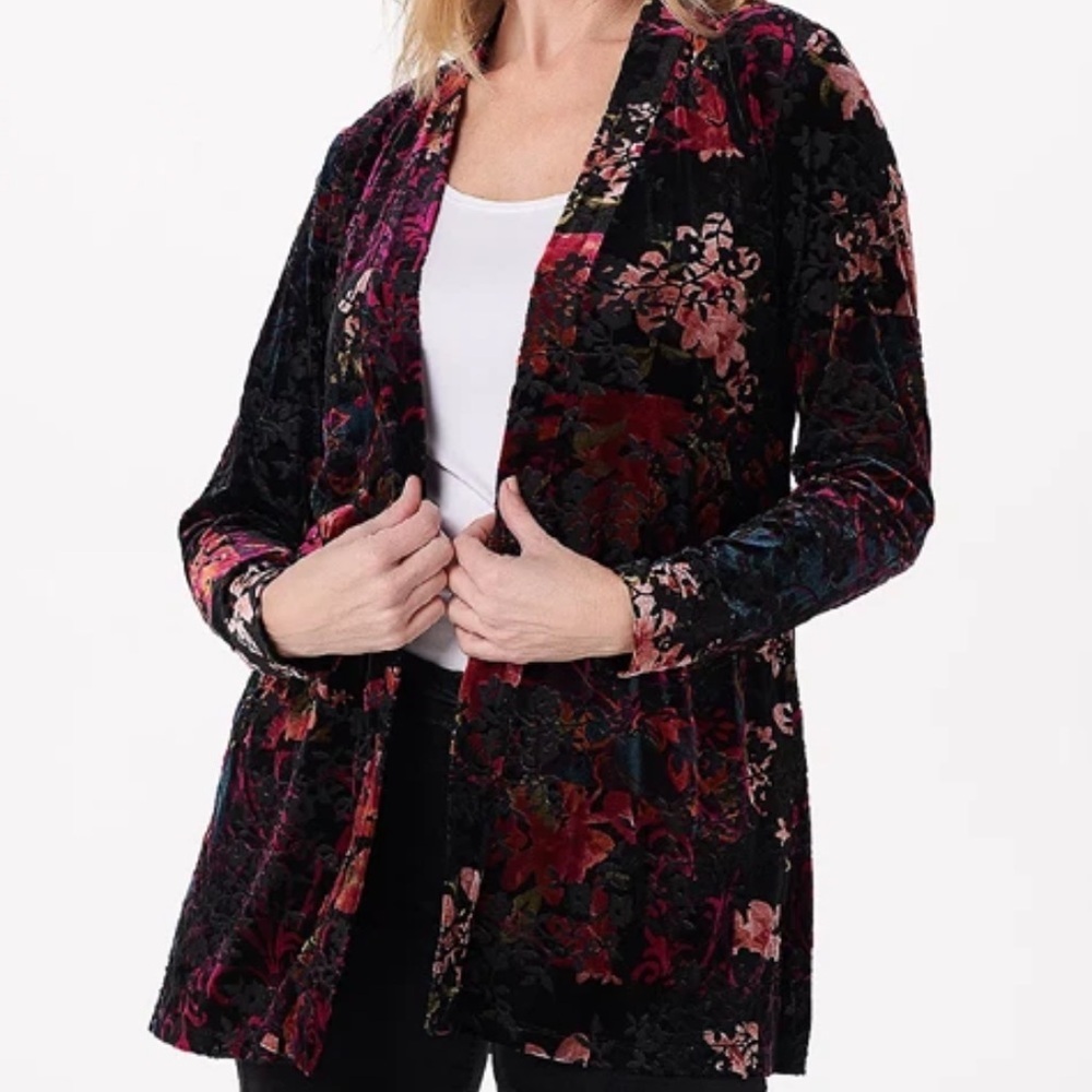 Susan Graver Boho Floral Print Burnout Velvet Open Front Cardigan Black/Wine 2XP